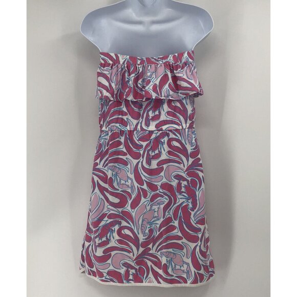Womens Sporty Beach Strapless Pink Lobster Ruffled Cover Up Pockets Dress Sz L - Picture 10 of 14